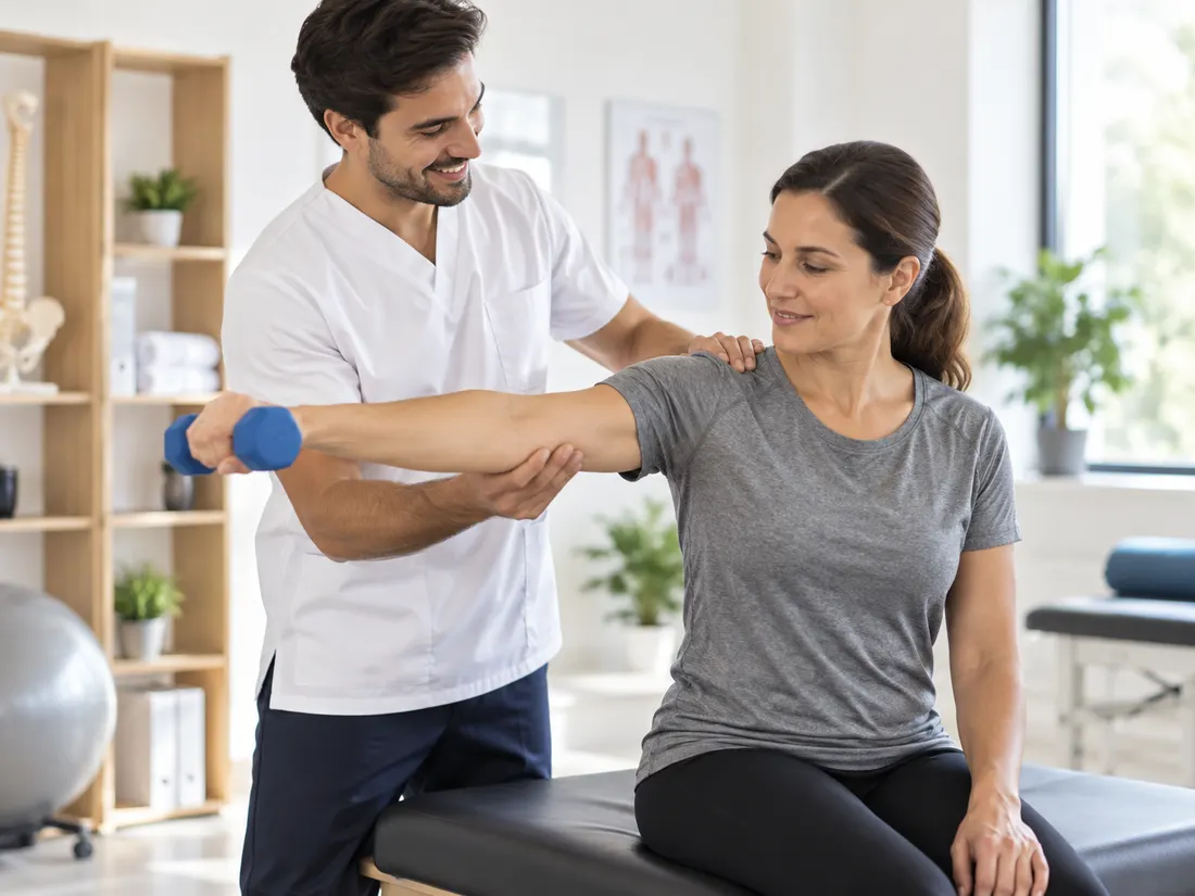 Fisioterapeuta trabajando con una paciente en una clínica moderna